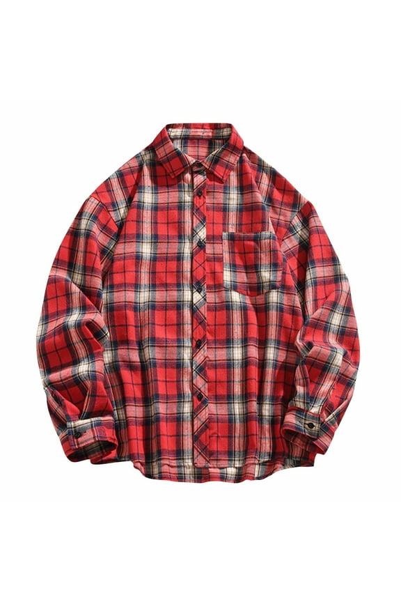 Mens Flannel Plaid Shirt Long Sleeve Button Up Men Oversized Red Christmas Retro Jackets Casual Pocket Tops