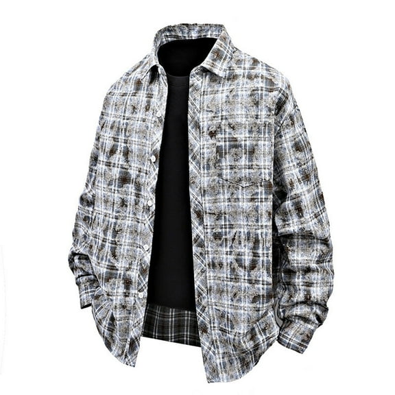 DAFPZW Mens Flannel Shirts Long Sleeve Button Down Casual Work Plaid Shirt Loose Fit Lapel Pocket Blouse Fall Fashion Jackets