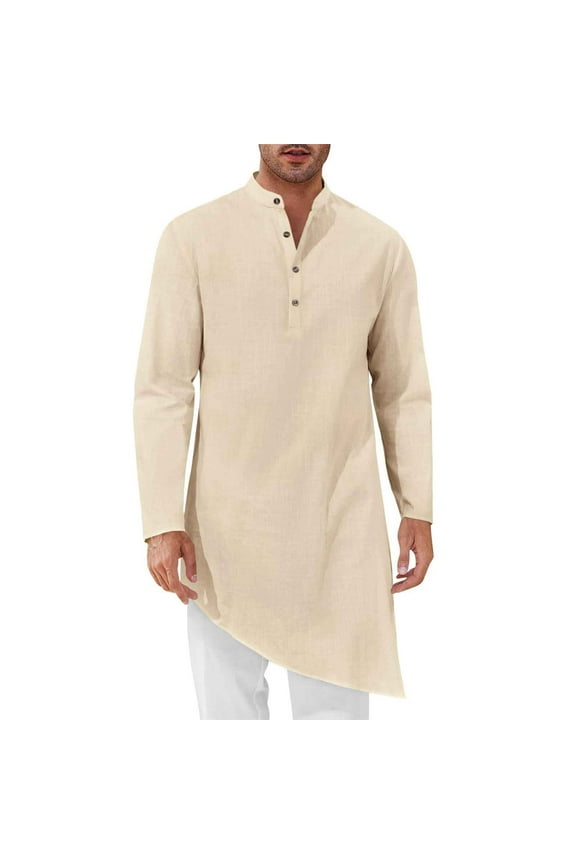 Mens Kaftan Robe Thobe Cotton Long Sleeve Shirt Casual Muslim Gown Kurta Tops