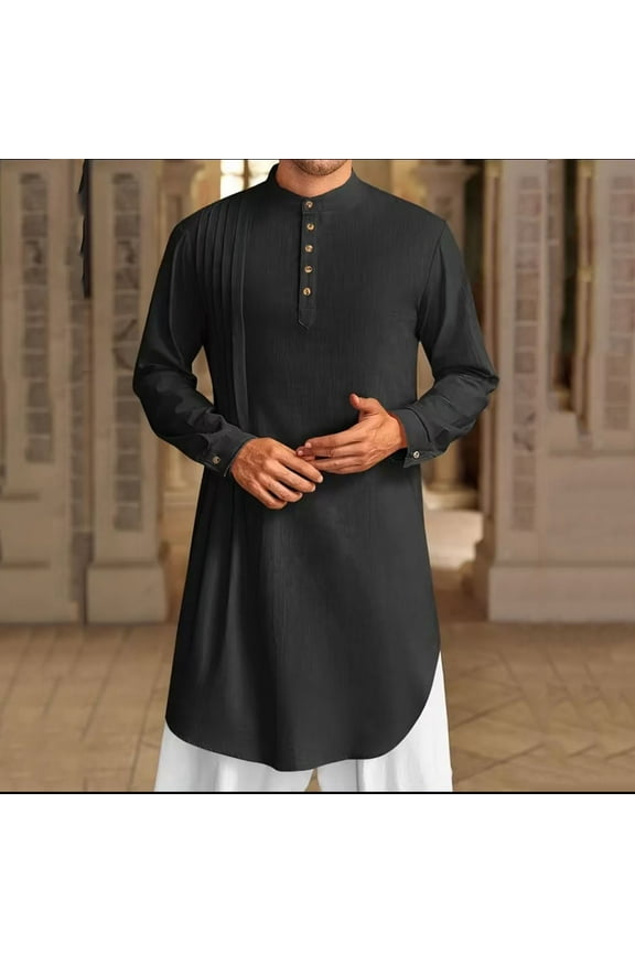 Mens Kaftan Thobe Cotton Linen Shirt Long Sleeve Robe Casual Muslim Gown