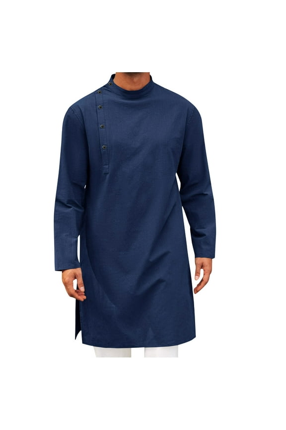 Mens Kaftan Thobe Robe Long Sleeve Cotton Shirt Casual Muslim Gown