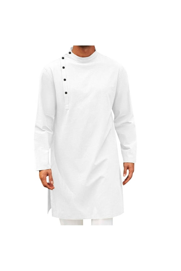 Mens Kaftan Thobe Robe Long Sleeve Cotton Shirt Casual Muslim Gown