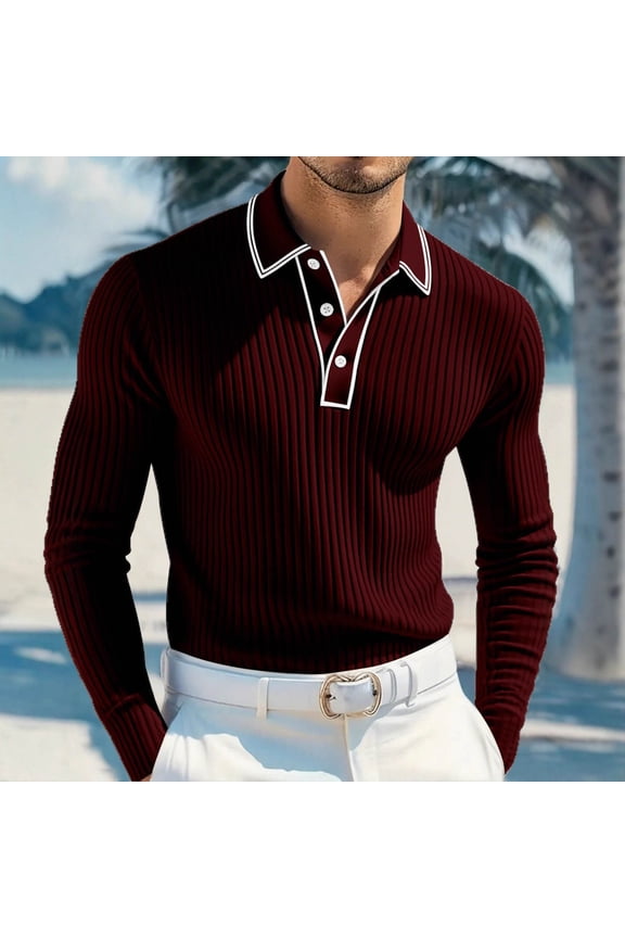 Mens Knitted Shirt Pullover Long Sleeve Slim Fit Muscle Stand Collared Golf Shirts Fall Tops