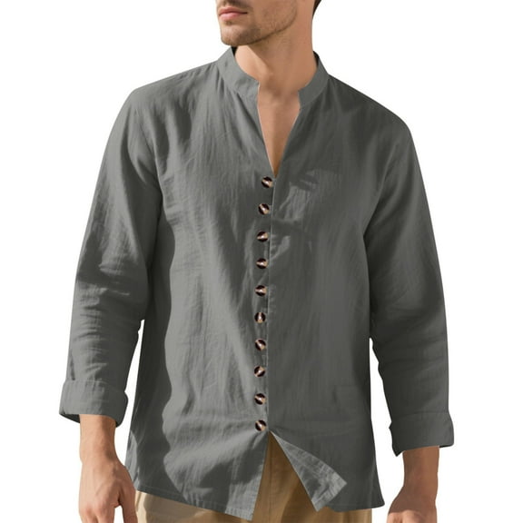 DAFPZW Mens Linen Blouses 3/4 Sleeve Button Down Band Collar T-Shirt Casual Solid Color Summer Vacation Beach Shirts
