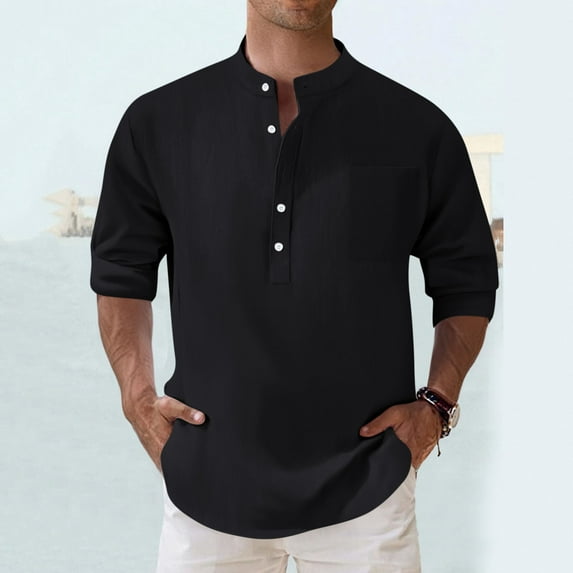 DAFPZW Mens Linen Button Down Shirts Summer Fall Long Sleeve Wrinkle Free Blouses Semi Formal Breathable Band Collar Beach Blouses