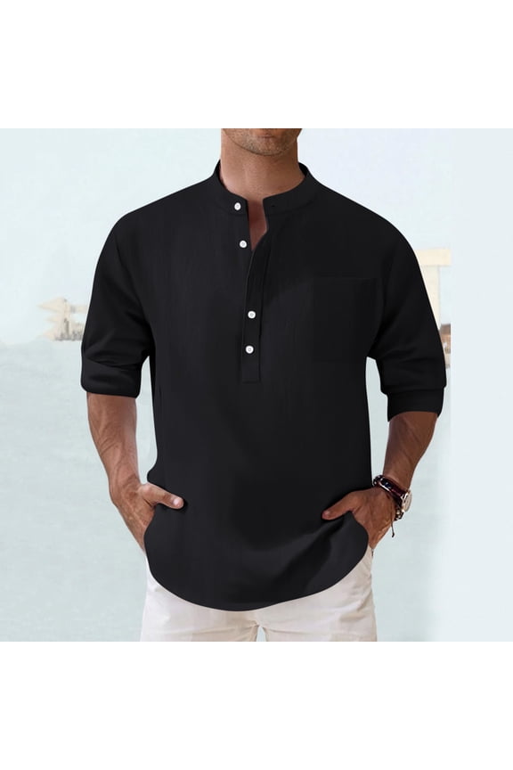 Mens Linen Button Down Shirts Summer Fall Long Sleeve Wrinkle Free Blouses Semi Formal Breathable Band Collar Beach Blouses