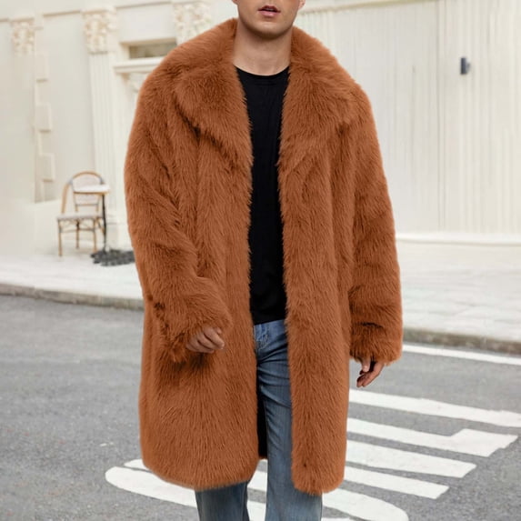 DAFPZW Mens Long Faux Fur Coat Luxury Furry Jacket Lapel Collar Shaggy Jakcets Winter Warm Outerwear Parka Overcoat