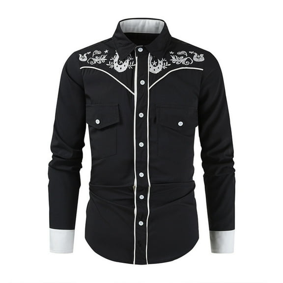 DAFPZW Mens Mexican Embroidered Shirts Long Sleeve Button Down Dress Tops Stretch Lapel Collar Wedding Party Blouses with Pockets