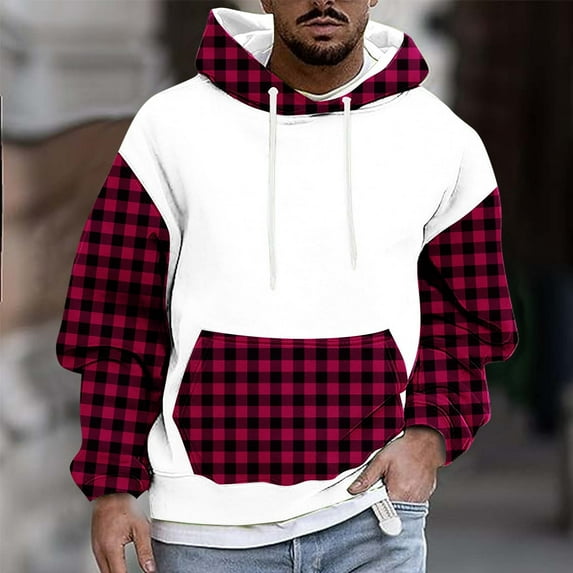 DAFPZW Mens Plaid Color Block Hoodie Fleece Hooded Sweatshirt Big and Tall Casual Hoodies with Front Pocket