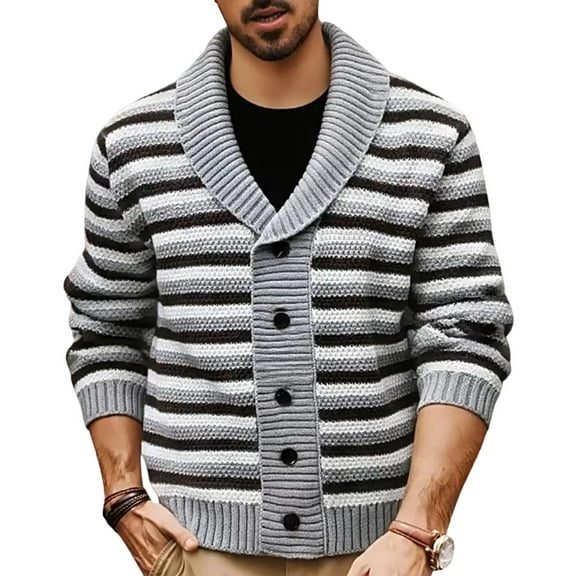 DAFPZW Mens Shawl Collar Cardigan Sweater Striped Long Sleeve Button Down Sweaters Knitted Open Front Trendy Knitwear Tops