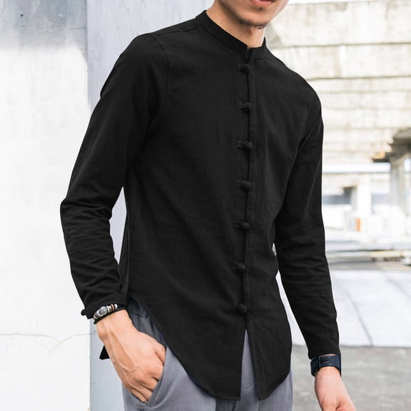 DAFPZW Mens Shirts Classic Traditional Chinese Style Frog Button Kungfu Shirts Long Sleeve Mandarin Collar Lounge Tshirts Tops