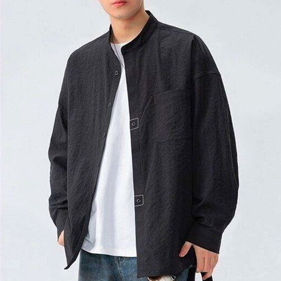 DAFPZW Mens Shirts,Long Sleeve Cotton Linen Shirts Japanese Style Casual Stand Collar Button Down T Shirts Pocket Tops