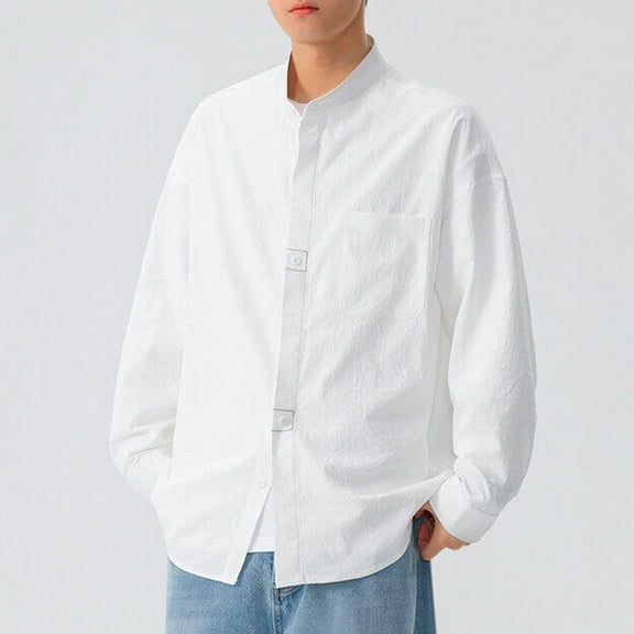DAFPZW Mens Shirts,Long Sleeve Cotton Linen Shirts Japanese Style Casual Stand Collar Button Down T Shirts Pocket Tops