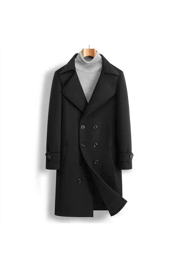 Mens Trench Coat Notched Lapel Double Breasted Mid Long Winter Pea Coat Casual Fall Winter Classic Overcoat