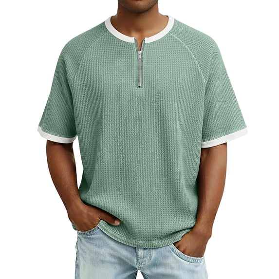 DAFPZW Mens Waffleknit Shirts for Summer Quarter Zip Pullover Casual Tops Short Sleeve Crew Neck Color Blocked T-shirts