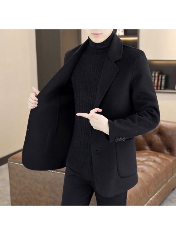 Mens Wool Blend Blazer Jackets Business Casual Suit Jacket Notched Lapel Collar Single Breasted Long Sleeve Trench Coats