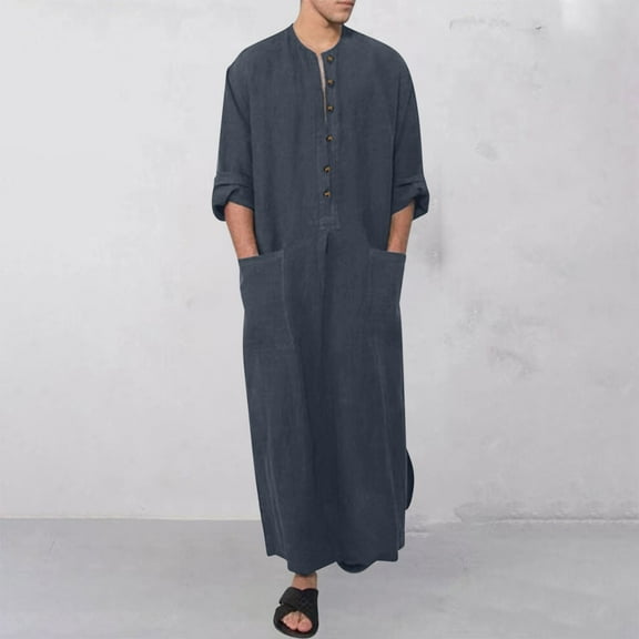 DAFPZW Muslim Thobe for Men V-Neck Cotton Lightweight Kaftan, Summer Leisure Islamic Arabic Robes with Pocket, Islamic Clothing