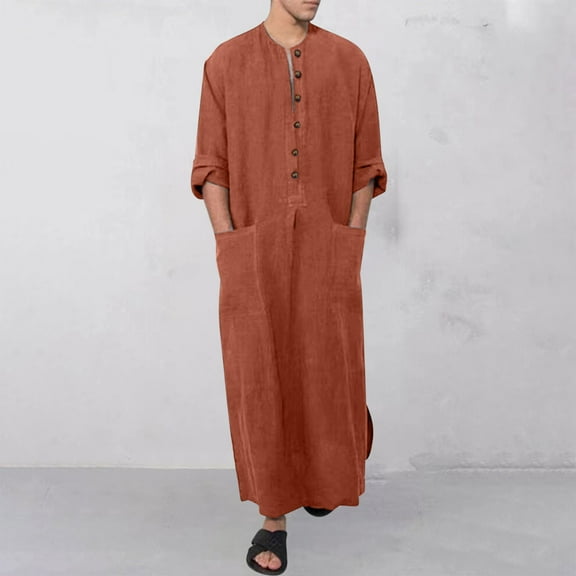 DAFPZW Muslim Thobe for Men V-Neck Cotton Lightweight Kaftan, Summer Leisure Islamic Arabic Robes with Pocket, Islamic Clothing
