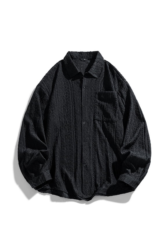 Oversized Textured Shirts for Men Long Sleeve Spread Collar Curved Hem Button Down Blouses Casual Classic Fall Tops