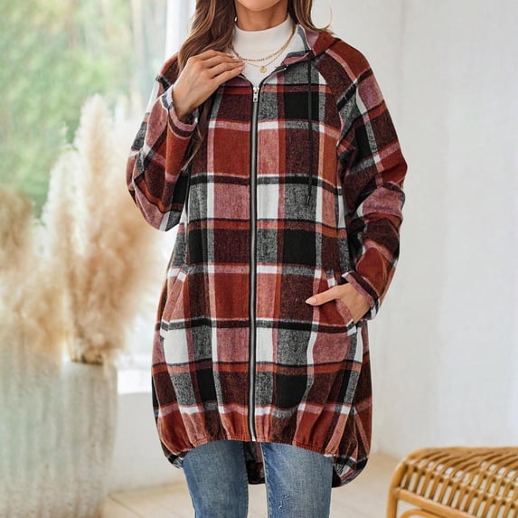 DAFPZW Plaid Shirts for Women Oversized Button Down Long Shacket Jacket Fall Flannel Hooded Trench Coats with Pockets