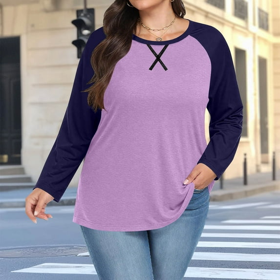 DAFPZW Plus Size Long Sleeve Tops for Women Color Block Fall Pullover Long Sleeve Cross Stitches Blouse Casual Tshirt Crew Neck Tee Shirt