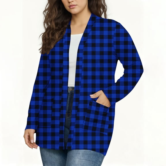 DAFPZW Plus Size Plaid Cardigans for Women Long Sleeve Open Front Loose Jackets Outdoor Casual Sports Coat with Pockets