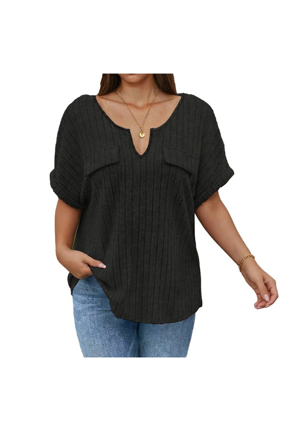 Plus Size V-Neck Short Sleeve T-Shirts for Curvy Women Ribbed Knit Casual Loose Fit Oversized Summer Tunic Tops