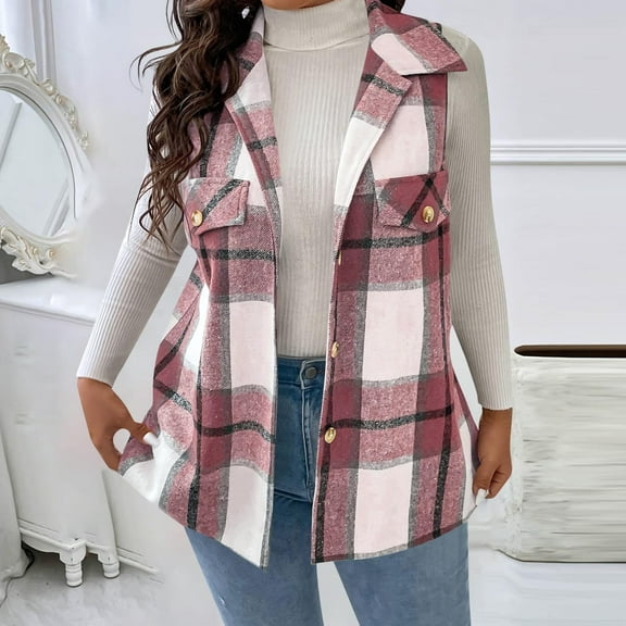 DAFPZW Plus Size Women's Flannel Plaid Long Vest Button Down Sleeveless Jacket Shacket Coat Casual Fall Fashion Outfits