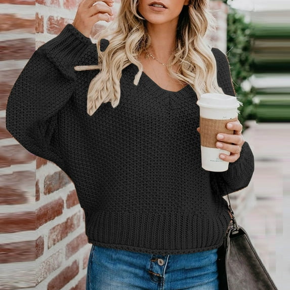 DAFPZW Pull Over Sweaters Womens Plus Size Oversized Batwing Sleeve V Neck Jumper Tops Chunky Knit Pullover Blouse