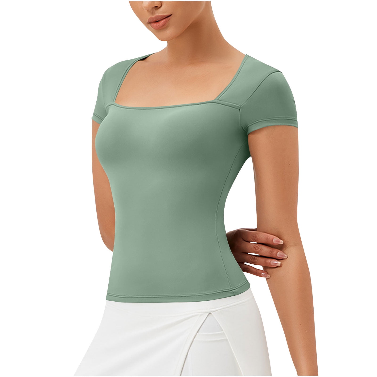 DAFPZW Quick Dry T-Shirt for Women Summer Square Neck Workout Tops Slim ...
