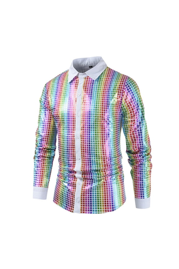 Rainbow Sequin Mens Shirt Vintage Mens 70s Outfits Button Down Long Sleeve Prom Party Costume Shiny Dance Shirt