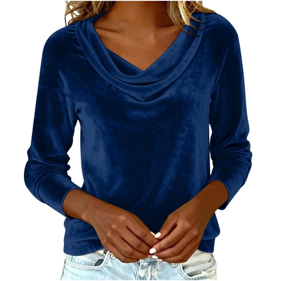 DAFPZW Ruched Crew Neck Velvet Shirts for Women Long Sleeve Dressy Evening Tops Trendy Velour Blouses Party Wear