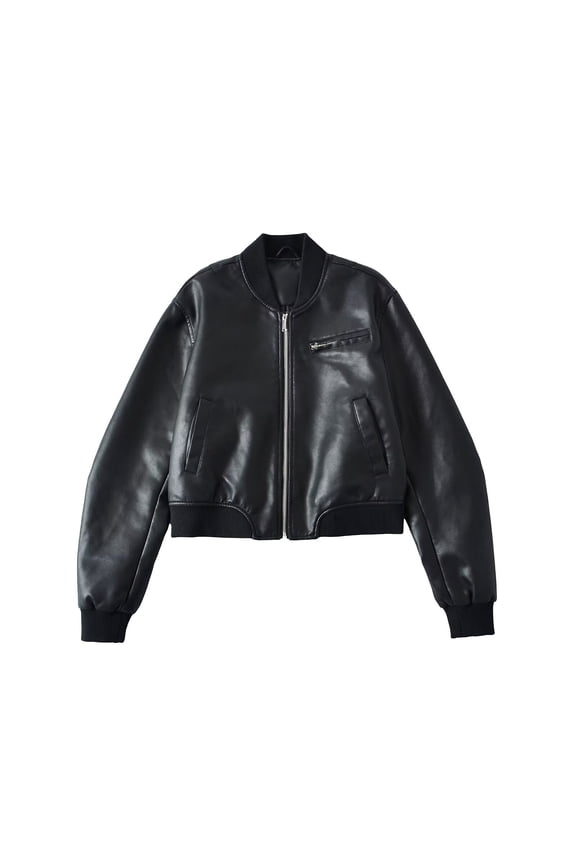 Ruched Leather Jacket for Women Oversized Bomber Jackets Baseball Collar Zip Up Cropped Biker Coat with Pockets
