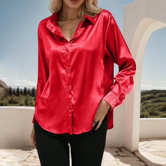 DAFPZW Satin Silk Button Down Shirts for Women Dressy Casual Shirts Long Sleeve Blouses Womens Shirts
