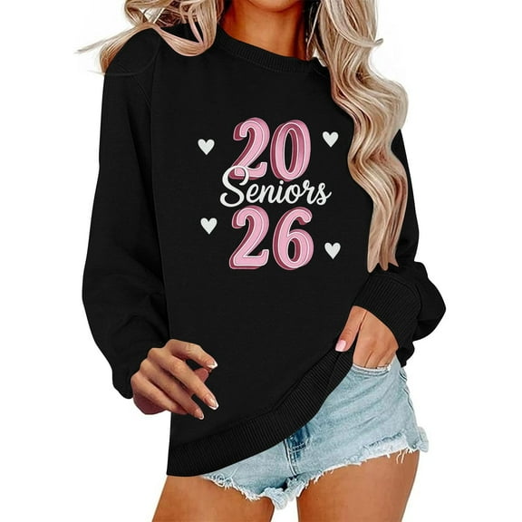 DAFPZW Senior 2026 Women's Pullover Crewneck Sweatshirt, Funny Letter Print Long Sleeve Cute Graphic Casual Loose Tee Shirts