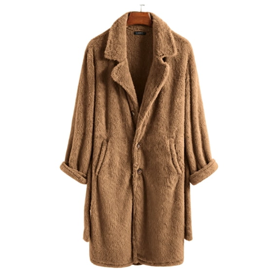 DAFPZW Sherpa Lined Trench Coat for Men Single Breasted Mid Long Jacket Notched Lapel Winter Chunky Warm Overcoat with Pockets