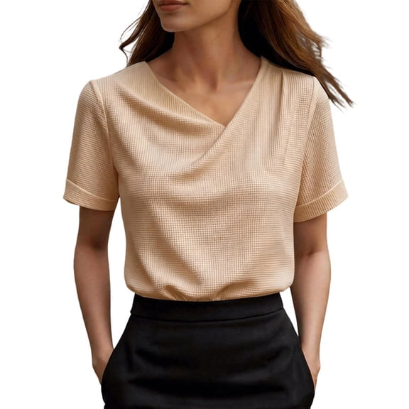 DAFPZW Short Sleeve Shirts for Women Solid Color Waffleknit Cowl Neck Casual Summer Blouse Trendy Going Out T-shirt