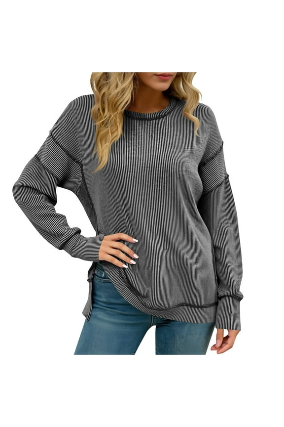 Side Slit Tunic Tops for Women Loose Fit Dressy Long Sleeve Shirts Oversized Fall Ribbed Reverse Seams Tops Blouse