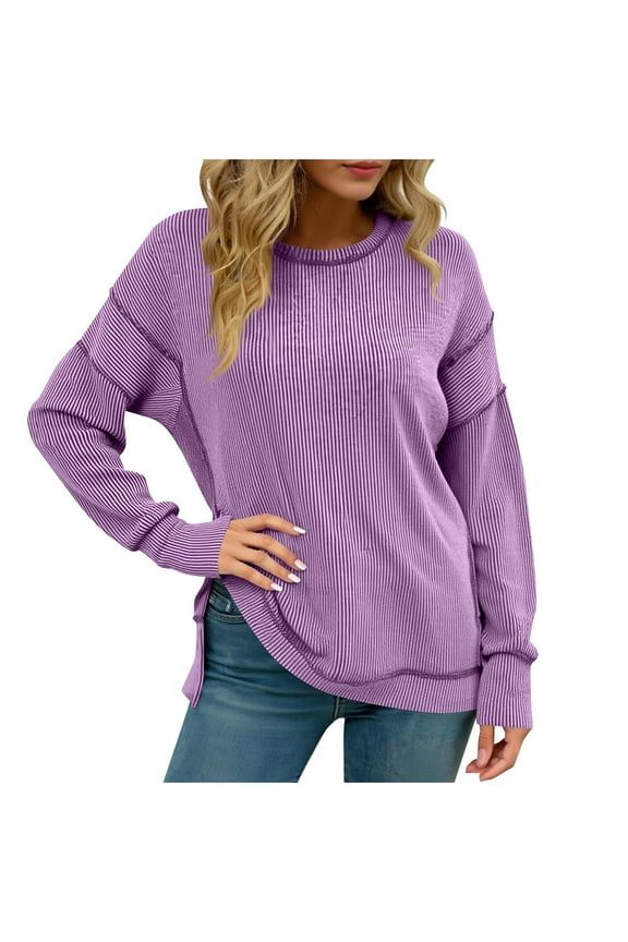 Side Slit Tunic Tops for Women Loose Fit Dressy Long Sleeve Shirts Oversized Fall Ribbed Reverse Seams Tops Blouse