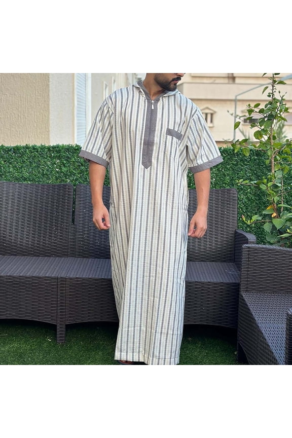 Striped Kaftan Thobe Mens Short Sleeve Hooded Zip-up Caftan Muslim Robe Casual Loose Lightweight Long Gown