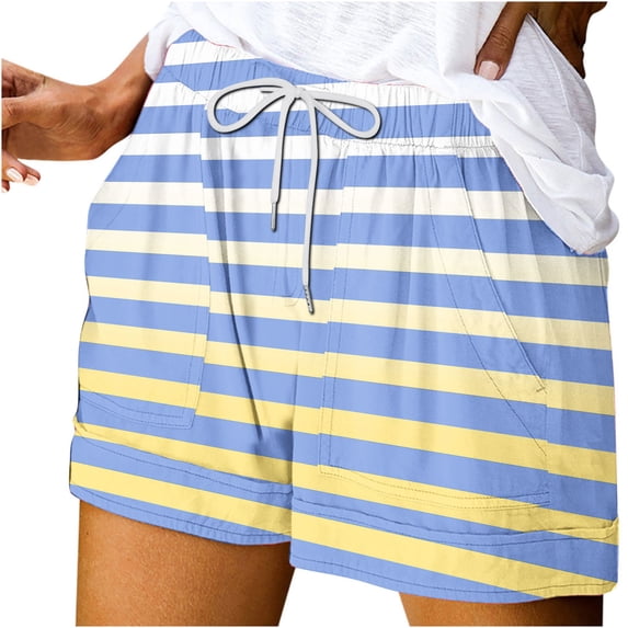DAFPZW Striped Print Wide Leg Shorts for Women Drawstring Elastic Waisted Summer Casual Going Out Shorts with Pockets