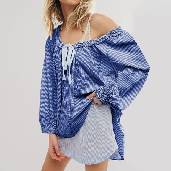 DAFPZW Striped Tunic for Women Dressy Casual Loose Fit Blouses Tops Long Sleeve Scoop Neck Bow Tie Shirt
