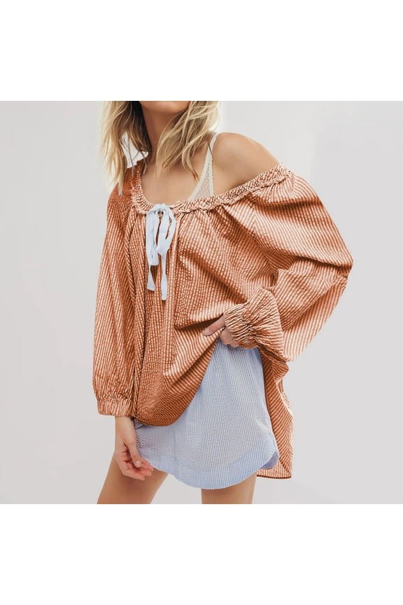 Striped Tunic for Women Dressy Casual Loose Fit Blouses Tops Long Sleeve Scoop Neck Bow Tie Shirt