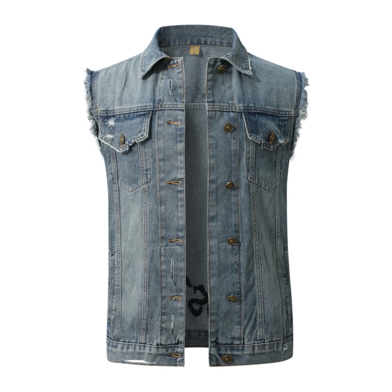 DAFPZW Stylish Ripped Denim Vest for Men Lapel Collar Button Down ...
