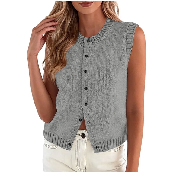 DAFPZW Sweater Vest Tops for Women Lightweight Summer Crew Neck Cardigan Sleeveless Button Down Knit Casual Spring Clothes