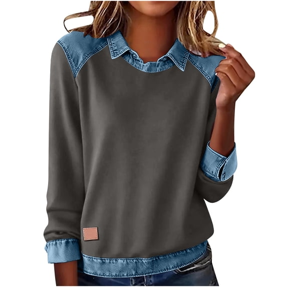 DAFPZW Sweatshirt for Women Denim Print Patchwork Pullover Button Lapel Collar Long Sleeve Shirt Casual Lightweight Tops