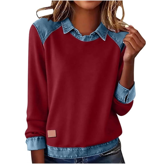DAFPZW Sweatshirt for Women Denim Print Patchwork Pullover Button Lapel Collar Long Sleeve Shirt Casual Lightweight Tops