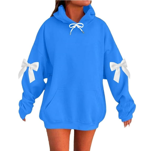 DAFPZW Sweatshirts for Women Cute Bow Long Sleeve Drop Shoulder Oversized Fleece Hooded Pullover Tops with Pocket