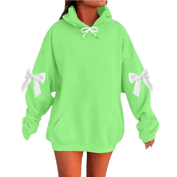 DAFPZW Sweatshirts for Women Cute Bow Long Sleeve Drop Shoulder Oversized Fleece Hooded Pullover Tops with Pocket
