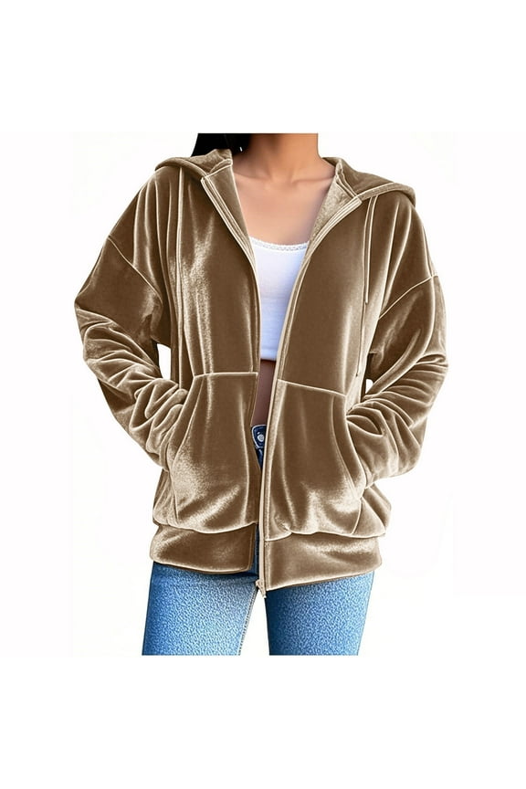 Velvet Hooded Sweatshirt for Women Long Sleeve Full Zipper Outerwear Soft Warm Velour Jacket with Pockets